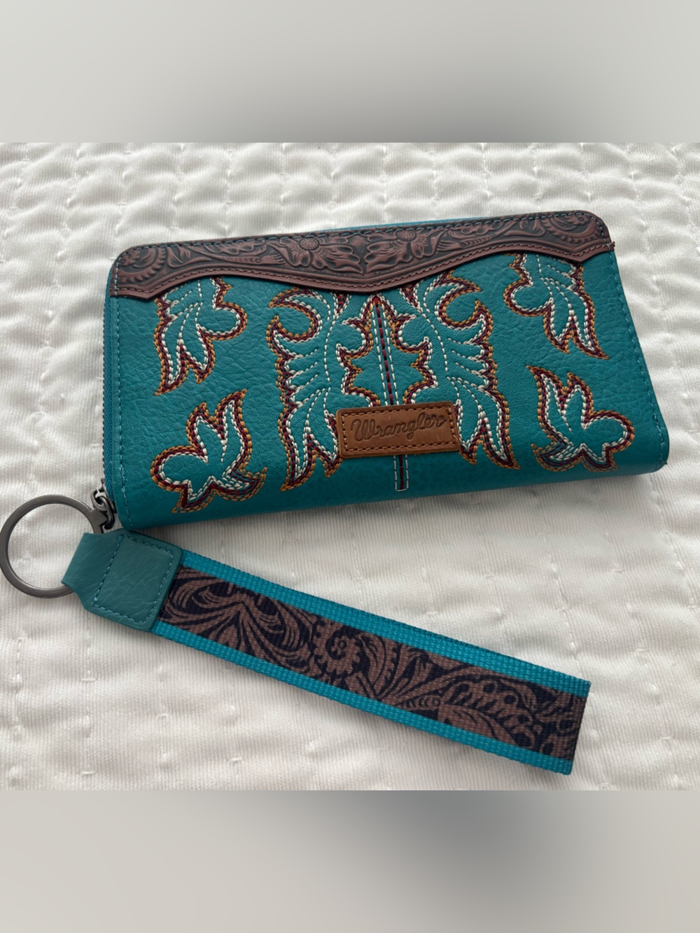 Wrangler Teal Embroidered Wristlet Key & Card Holder with Brown Trim